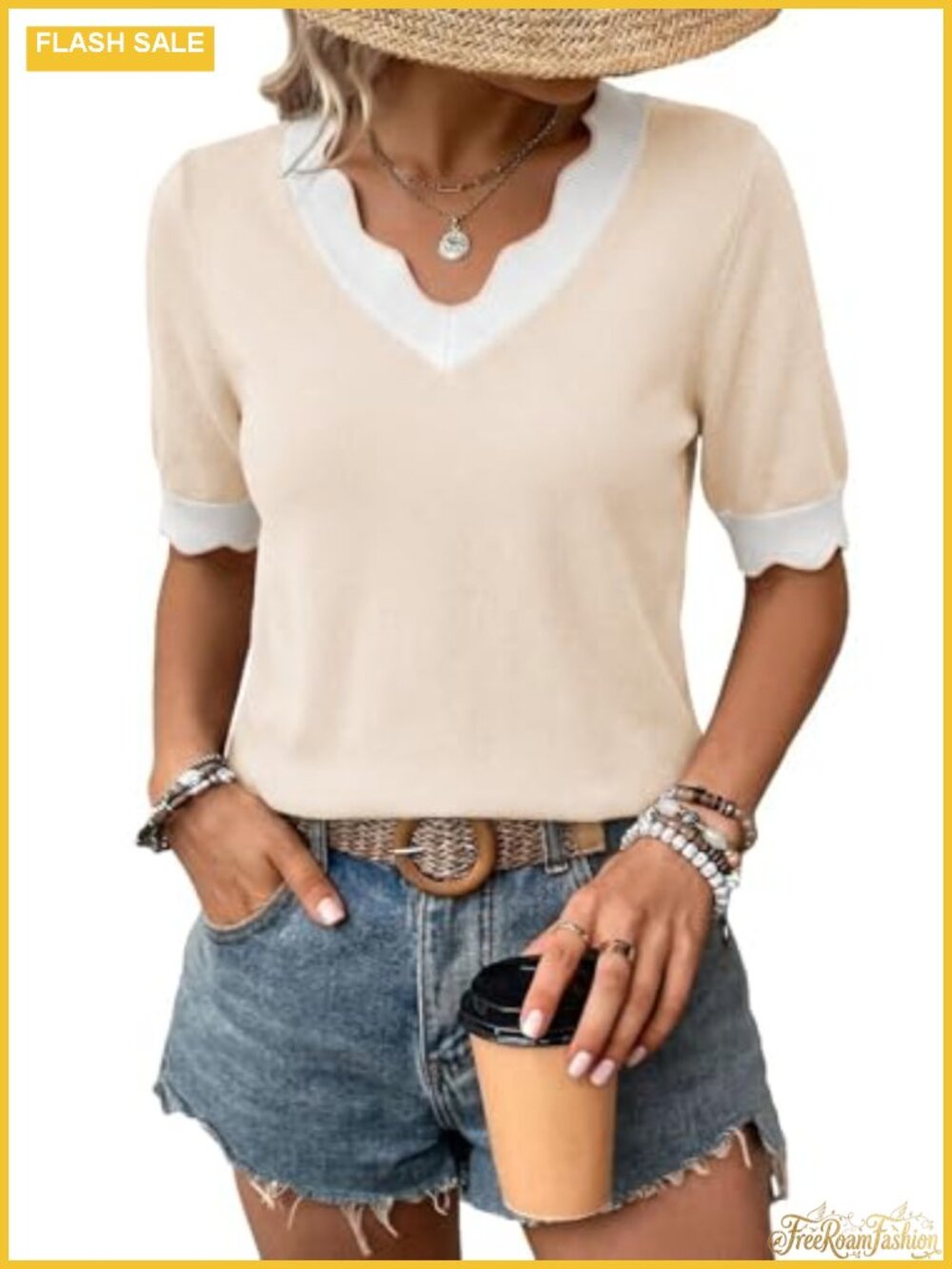 Women's Knit V-Neck Sweater Short Sleeve Scalloped Hem Business Casual